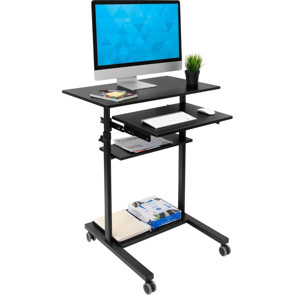 image:imageMountIt Black Rolling Standing Desk Adjustable Height up to 547 Portable Laptop Podium Desk on Wheels Mobile Computer Workstation with 4 Shelves 275 Wide Cart for Home Office or ClassroomSliding Keyboard Tray