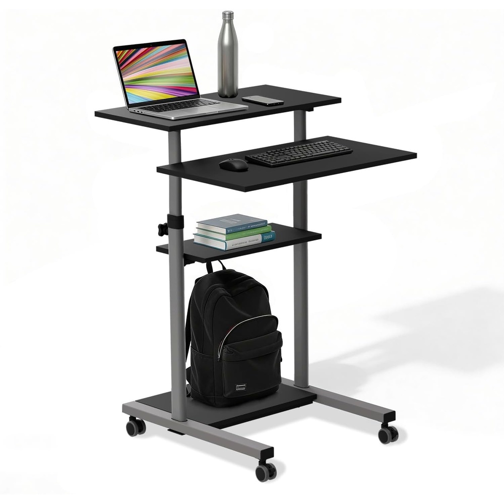 image:imageMountIt Black Rolling Standing Desk Adjustable Height up to 547 Portable Laptop Podium Desk on Wheels Mobile Computer Workstation with 4 Shelves 275 Wide Cart for Home Office or ClassroomGrey