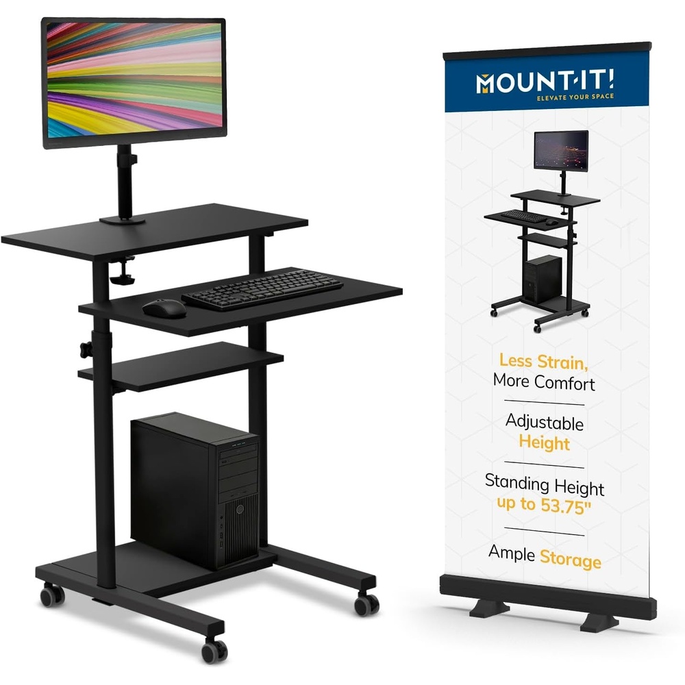 image:imageMountIt Mobile Computer Cart with Monitor Mount for Screen up to 32 Portable Desk on Wheels Rolling Laptop Stand for Teachers Office Classroom Rise up to 53 Podium Keyboard Tray BlackBlack