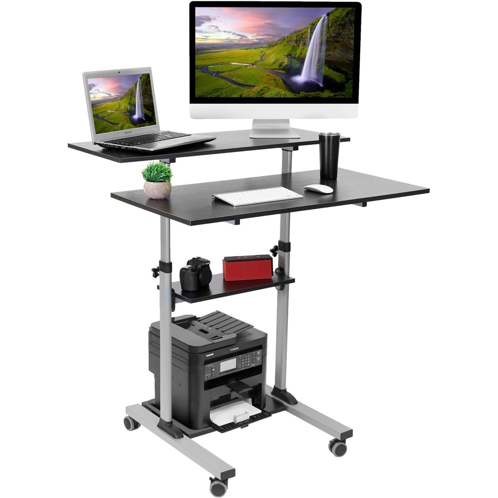 image:imageMountIt Mobile Standing Desk Height Adjustable Rolling Desk with 40 Wide Table Tops MultiPurpose Rolling Presentation Cart with Four Platforms MI7970Grey