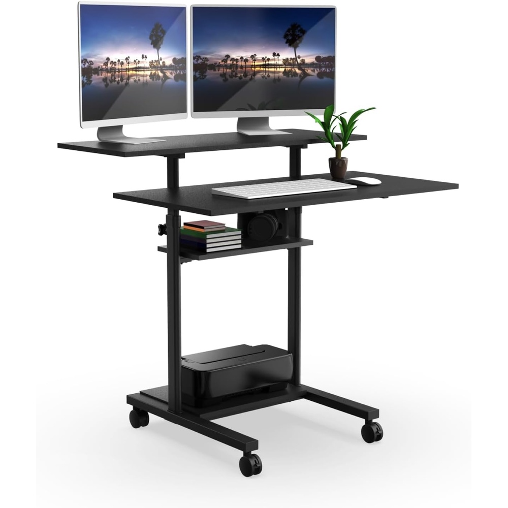 image:imageMountIt Mobile Standing Desk Height Adjustable Rolling Desk with 40 Wide Table Tops MultiPurpose Rolling Presentation Cart with Four Platforms MI7970Black
