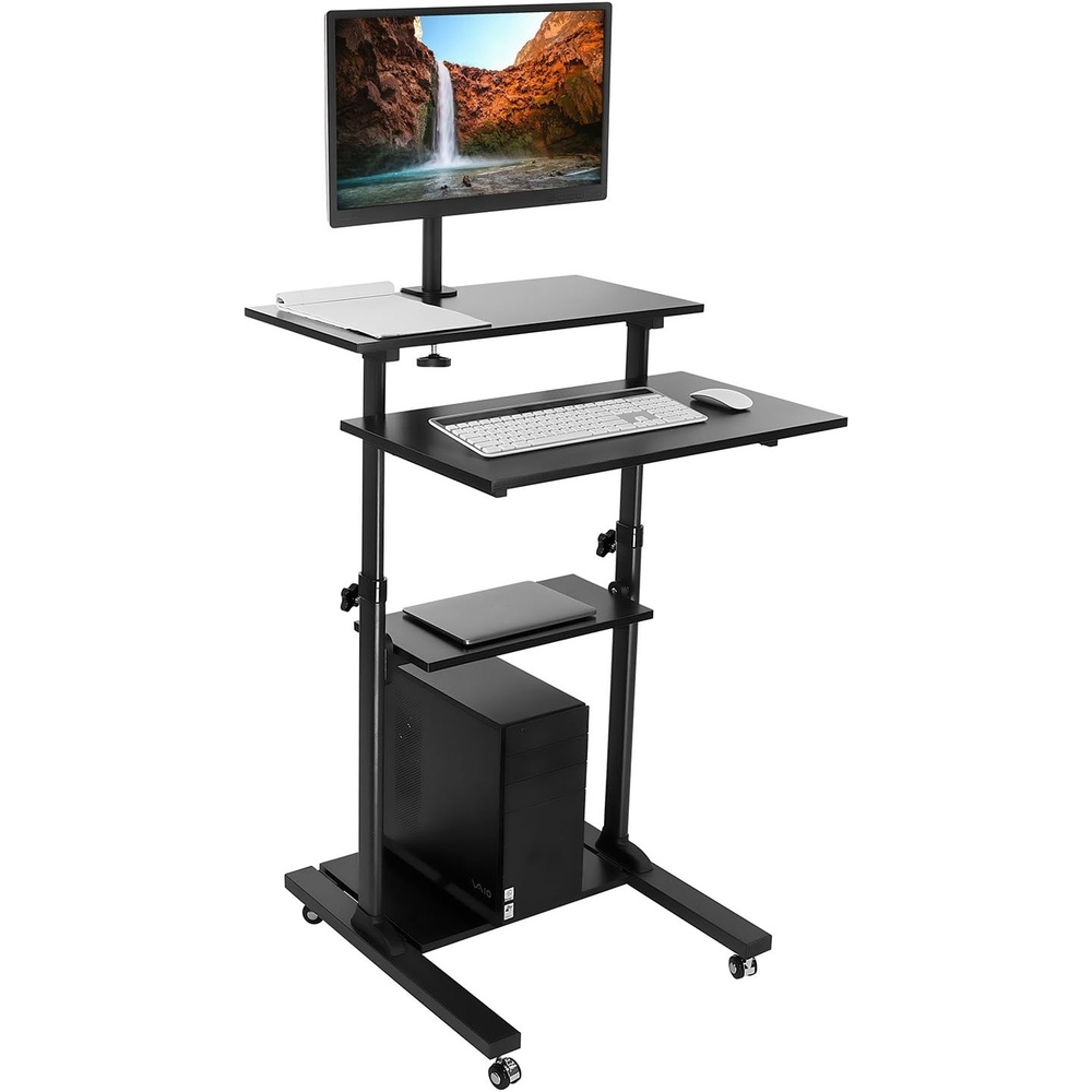 image:imageMountIt Rolling Adjustable StandUp Desk with Monitor Arm Mobile Computer Workstation amp Presentation Cart in Black Color MI7942B