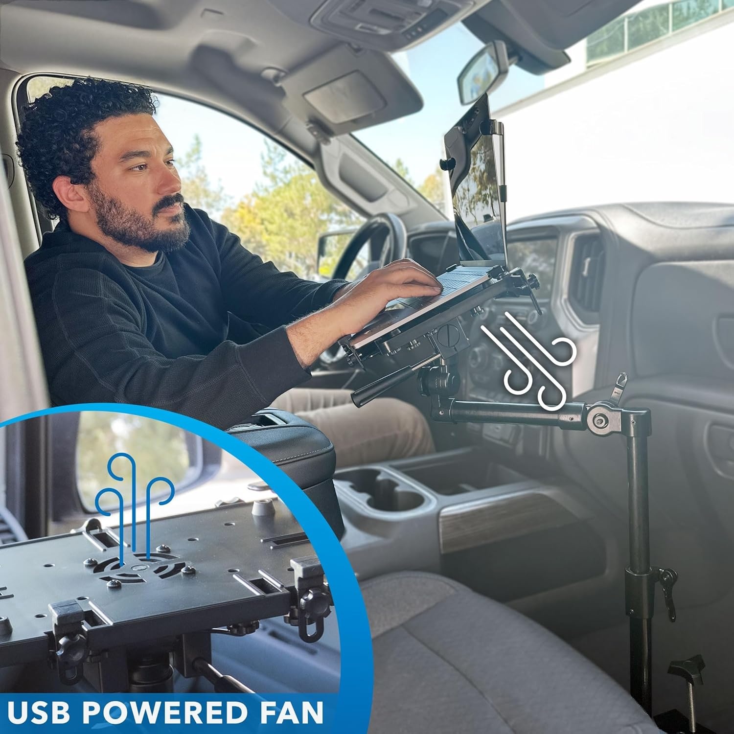 image:imageMountIt Car Laptop Mount NoDrill Passenger Seat Laptop Stand with Cooling Tray for Up to 17 Laptops amp Tablets Adjustable Full Motion Vehicle Laptop Mount