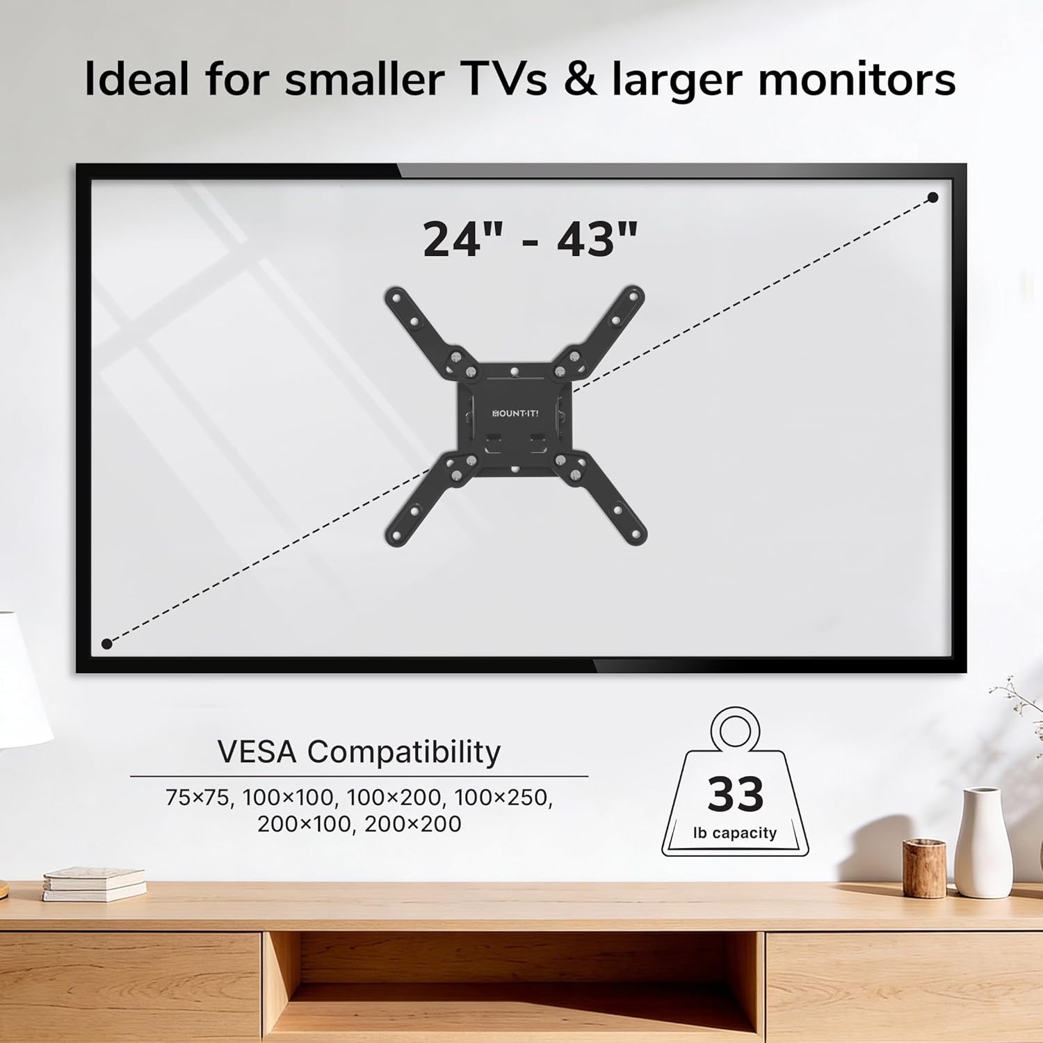 image:imageMountIt Tilt TV Wall Mount Low Profile 18 Fits 2443 TVs amp Monitors up to 33 lbs VESA 75x75200x200 515 Tilt Single Stud Tilting TV Wall Mount for Bedroom Kitchen amp Office