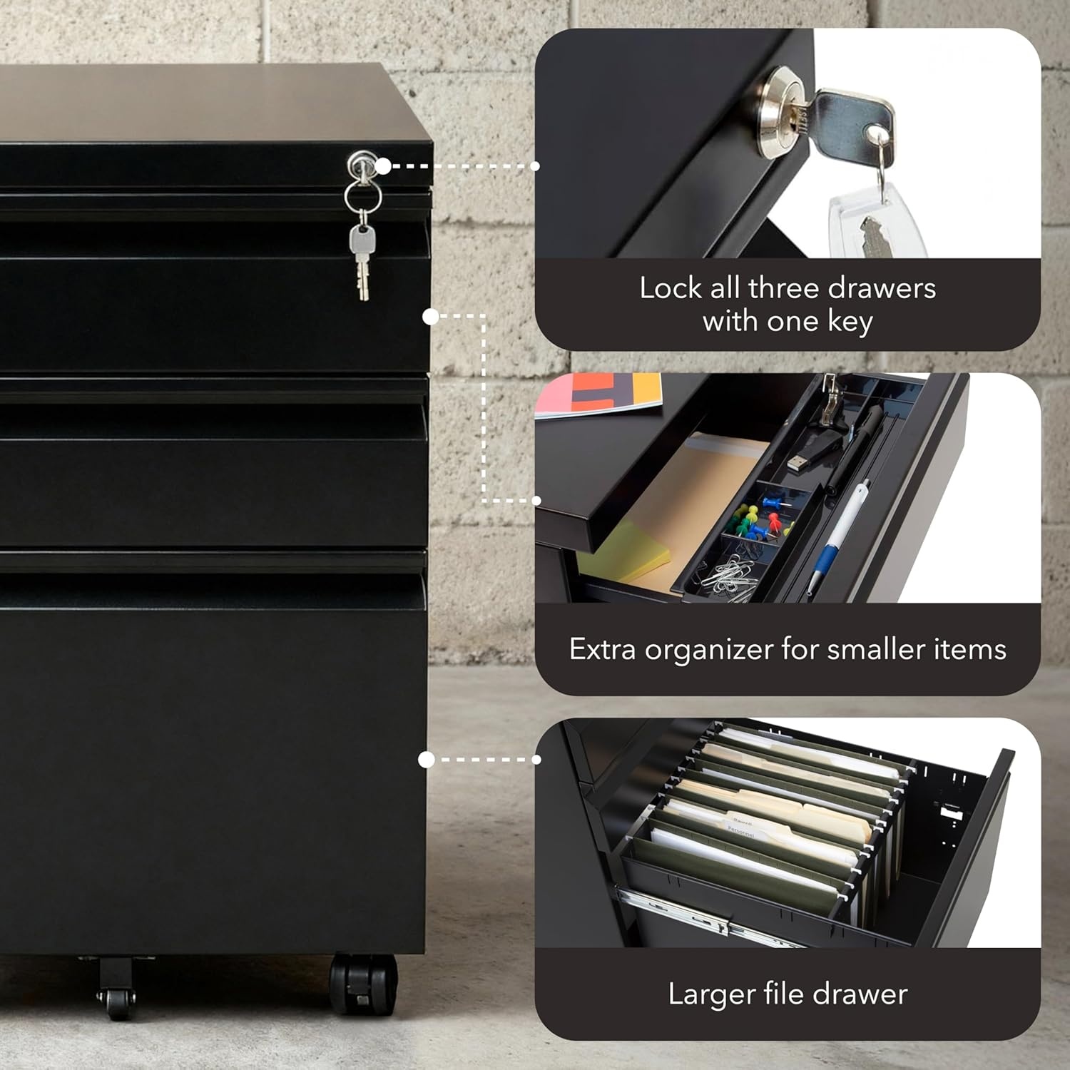 image:imageMountIt 3 Drawer File Cabinet with Lock and Wheels HeavyDuty Steel Rolling Drawer Cabinet Fully Assembled Under Desk Filing Cabinet for Home Office Storage 153 W x 1975 D x 245 H BlackBlack