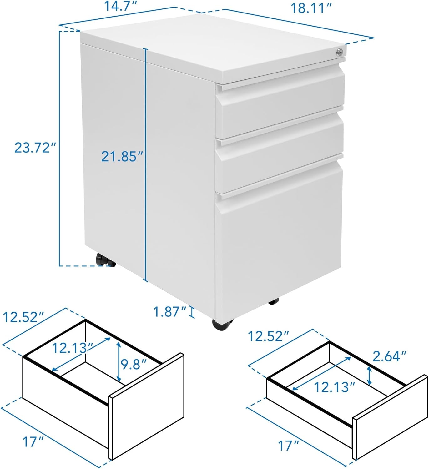 image:imageMountIt 3 Drawer File Cabinet with Lock and Wheels HeavyDuty Steel Rolling Drawer Cabinet Fully Assembled Under Desk Filing Cabinet for Home Office Storage 153 W x 1975 D x 245 H BlackWhite