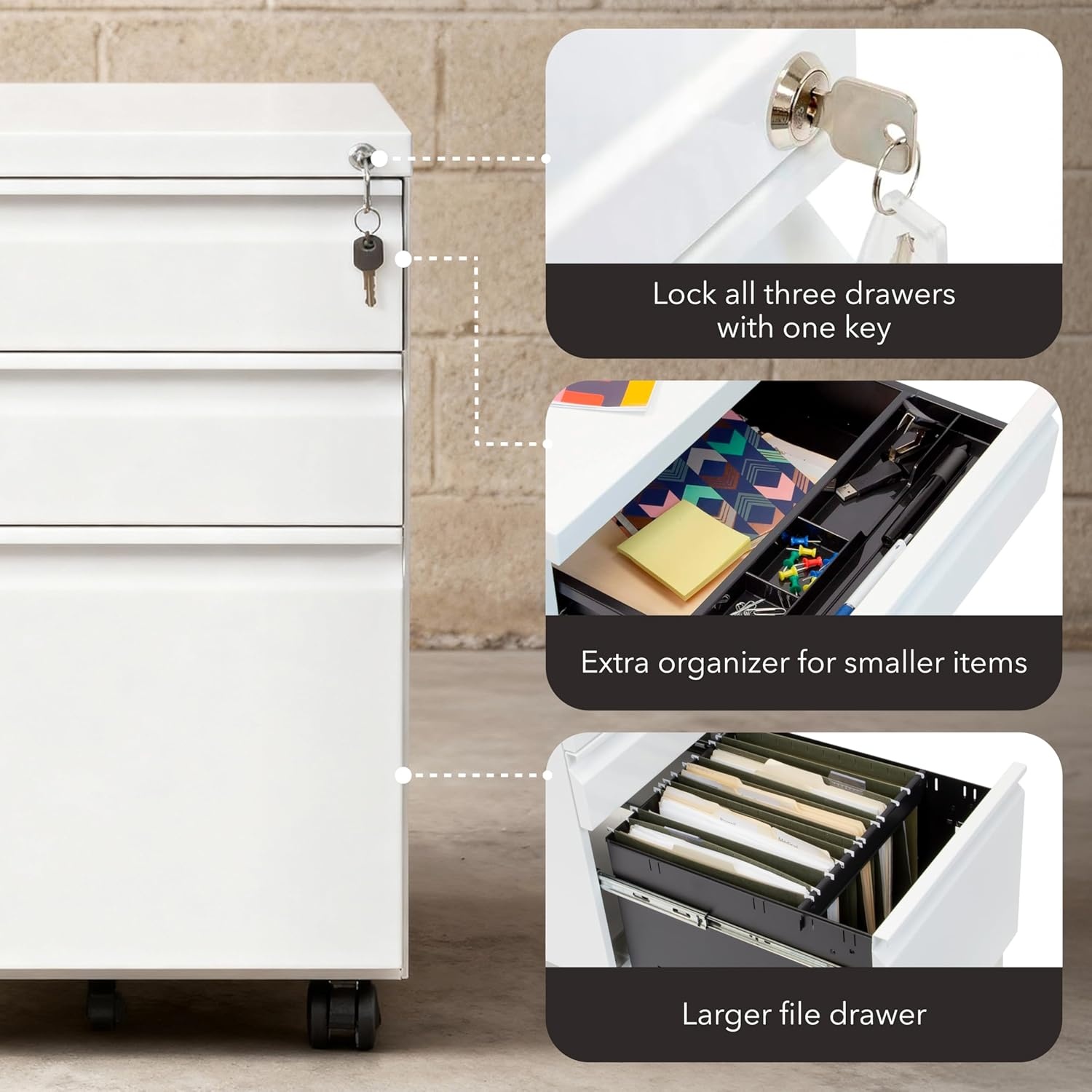 image:imageMountIt 3 Drawer File Cabinet with Lock and Wheels HeavyDuty Steel Rolling Drawer Cabinet Fully Assembled Under Desk Filing Cabinet for Home Office Storage 153 W x 1975 D x 245 H BlackWhite