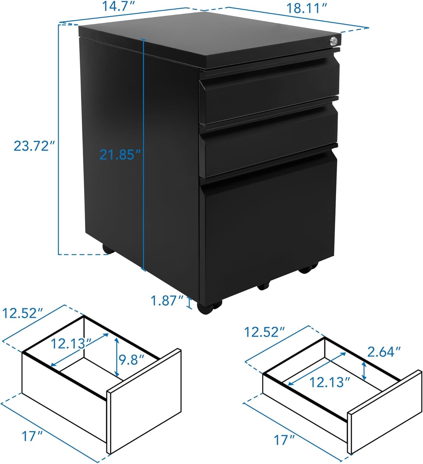 image:imageMountIt 3 Drawer File Cabinet with Lock and Wheels HeavyDuty Steel Rolling Drawer Cabinet Fully Assembled Under Desk Filing Cabinet for Home Office Storage 153 W x 1975 D x 245 H BlackBlack