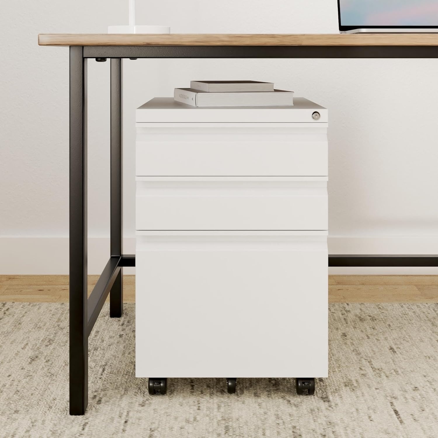 image:imageMountIt 3 Drawer File Cabinet with Lock and Wheels HeavyDuty Steel Rolling Drawer Cabinet Fully Assembled Under Desk Filing Cabinet for Home Office Storage 153 W x 1975 D x 245 H BlackWhite