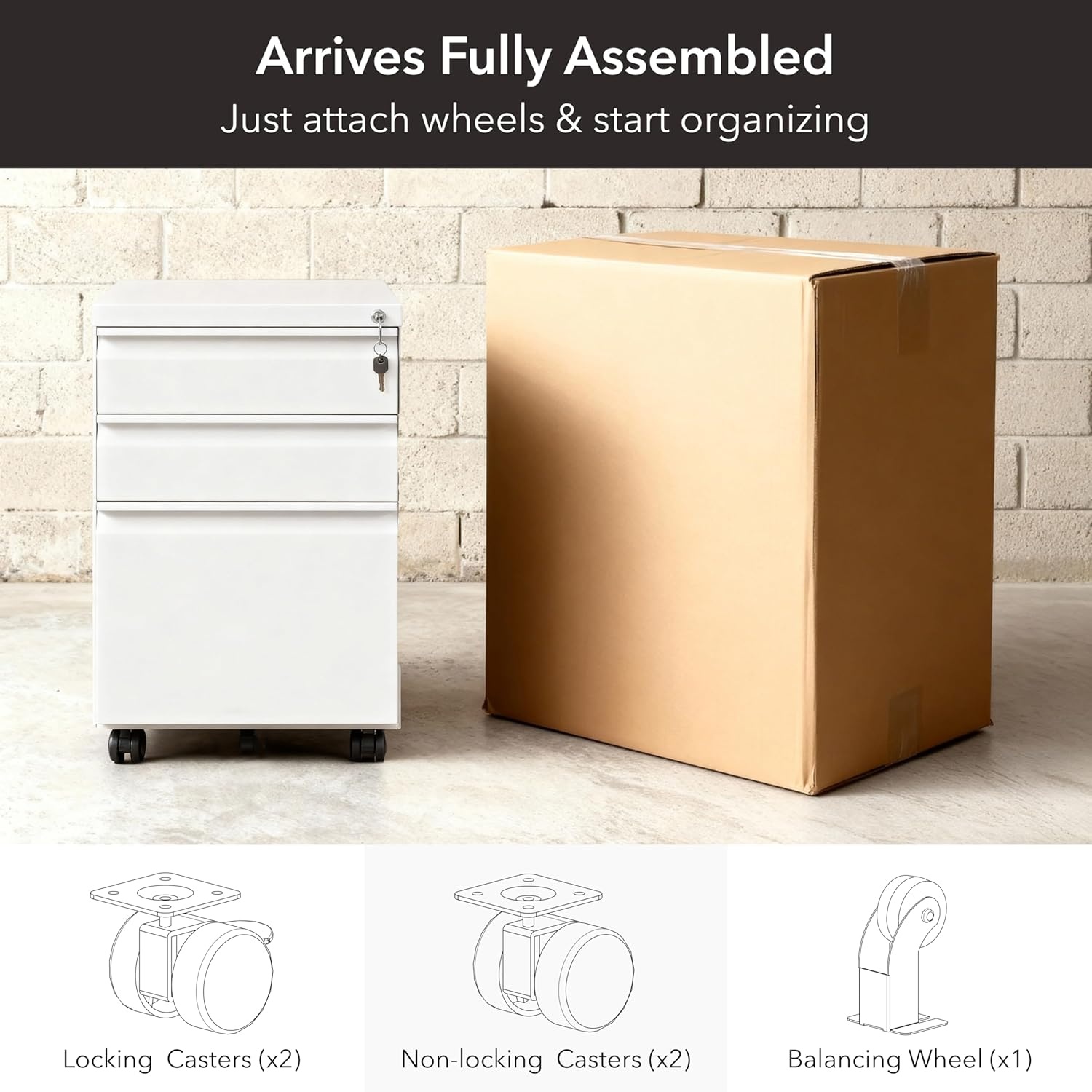 image:imageMountIt 3 Drawer File Cabinet with Lock and Wheels HeavyDuty Steel Rolling Drawer Cabinet Fully Assembled Under Desk Filing Cabinet for Home Office Storage 153 W x 1975 D x 245 H BlackWhite