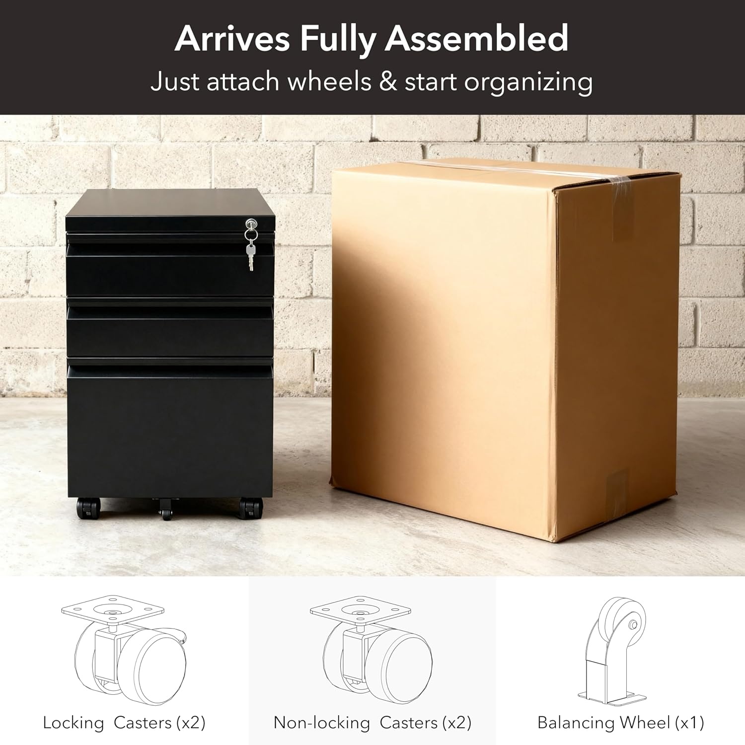 image:imageMountIt 3 Drawer File Cabinet with Lock and Wheels HeavyDuty Steel Rolling Drawer Cabinet Fully Assembled Under Desk Filing Cabinet for Home Office Storage 153 W x 1975 D x 245 H BlackBlack