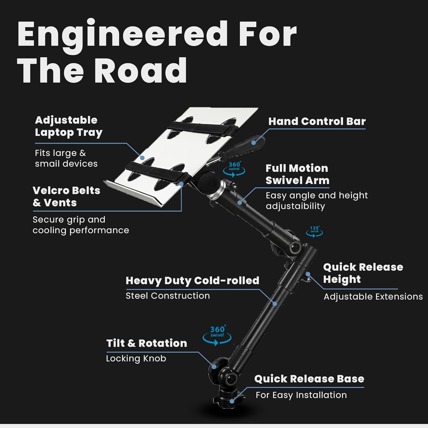 image:imageMountIt Car Laptop Mount NoDrill Passenger Seat Laptop Stand for 12154 Inch Laptops up to 9 lbs Height Adjustable Full Motion Vehicle Laptop Mount