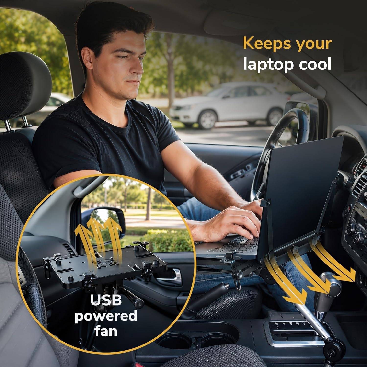 image:imageMountIt Car Laptop Mount NoDrill Passenger Seat Vehicle Stand for Up to 17 Laptops amp Tablets Full Motion with Lockable Joints amp USB Cooling Fan