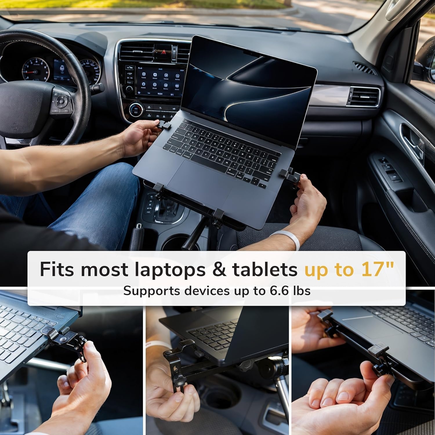 image:imageMountIt Car Laptop Mount NoDrill Passenger Seat Vehicle Stand for Up to 17 Laptops amp Tablets Full Motion with Lockable Joints amp USB Cooling Fan