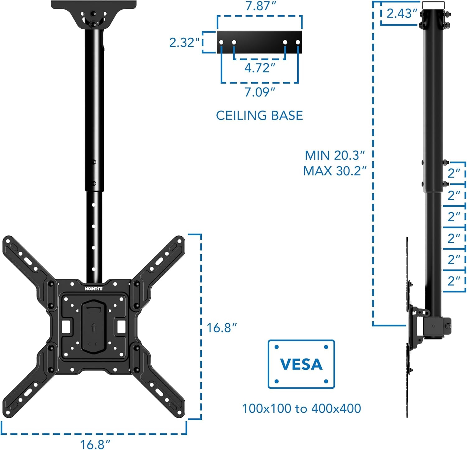 image:imageMountIt Ceiling TV Mount Full Motion 360 Swivel Fits 3265 Inch Screens up to 99 lbs VESA 100x100 to 400x400 Adjustable Height Flat or Vaulted Ceilings MI511
