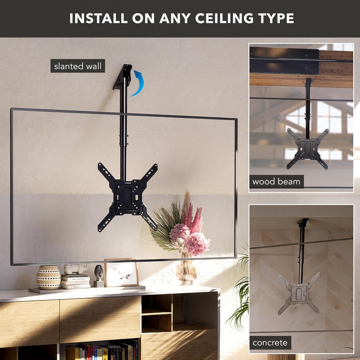 image:imageMountIt Ceiling TV Mount Full Motion 360 Swivel Fits 3265 Inch Screens up to 99 lbs VESA 100x100 to 400x400 Adjustable Height Flat or Vaulted Ceilings MI511