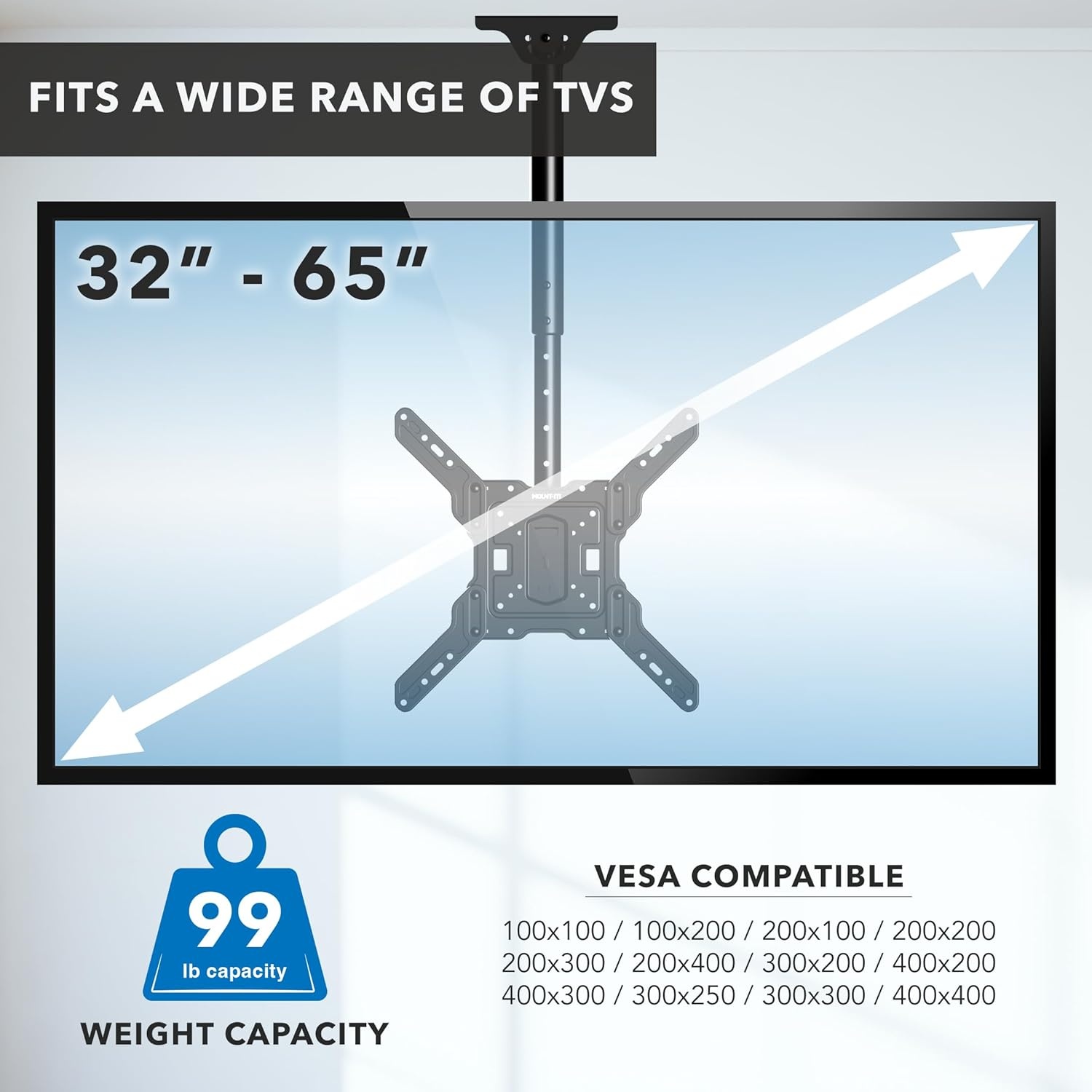 image:imageMountIt Ceiling TV Mount Full Motion 360 Swivel Fits 3265 Inch Screens up to 99 lbs VESA 100x100 to 400x400 Adjustable Height Flat or Vaulted Ceilings MI511