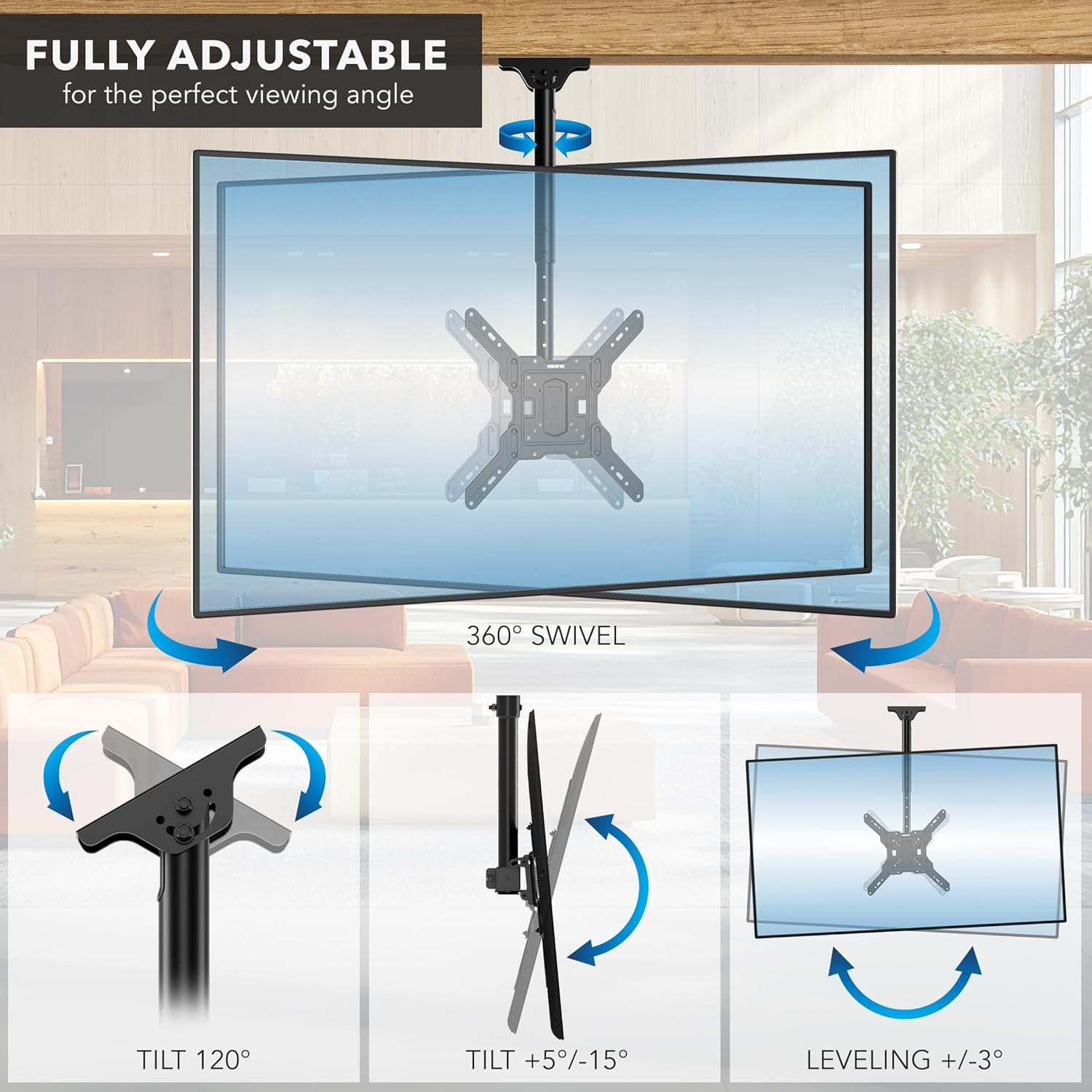 image:imageMountIt Ceiling TV Mount Full Motion 360 Swivel Fits 3265 Inch Screens up to 99 lbs VESA 100x100 to 400x400 Adjustable Height Flat or Vaulted Ceilings MI511