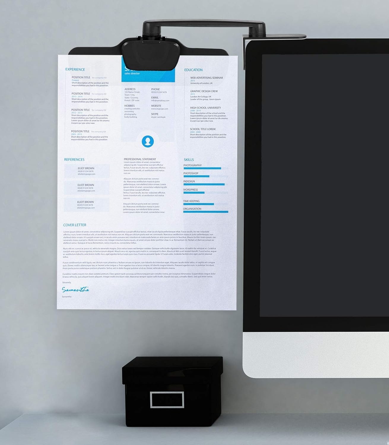 image:imageMountIt Monitor Document Holder Clip Paper and Copy Holder Attachment for Typing with 3M Adhesive Sticker Swivel 360 Degrees Left and Right Side Mounting MI9005