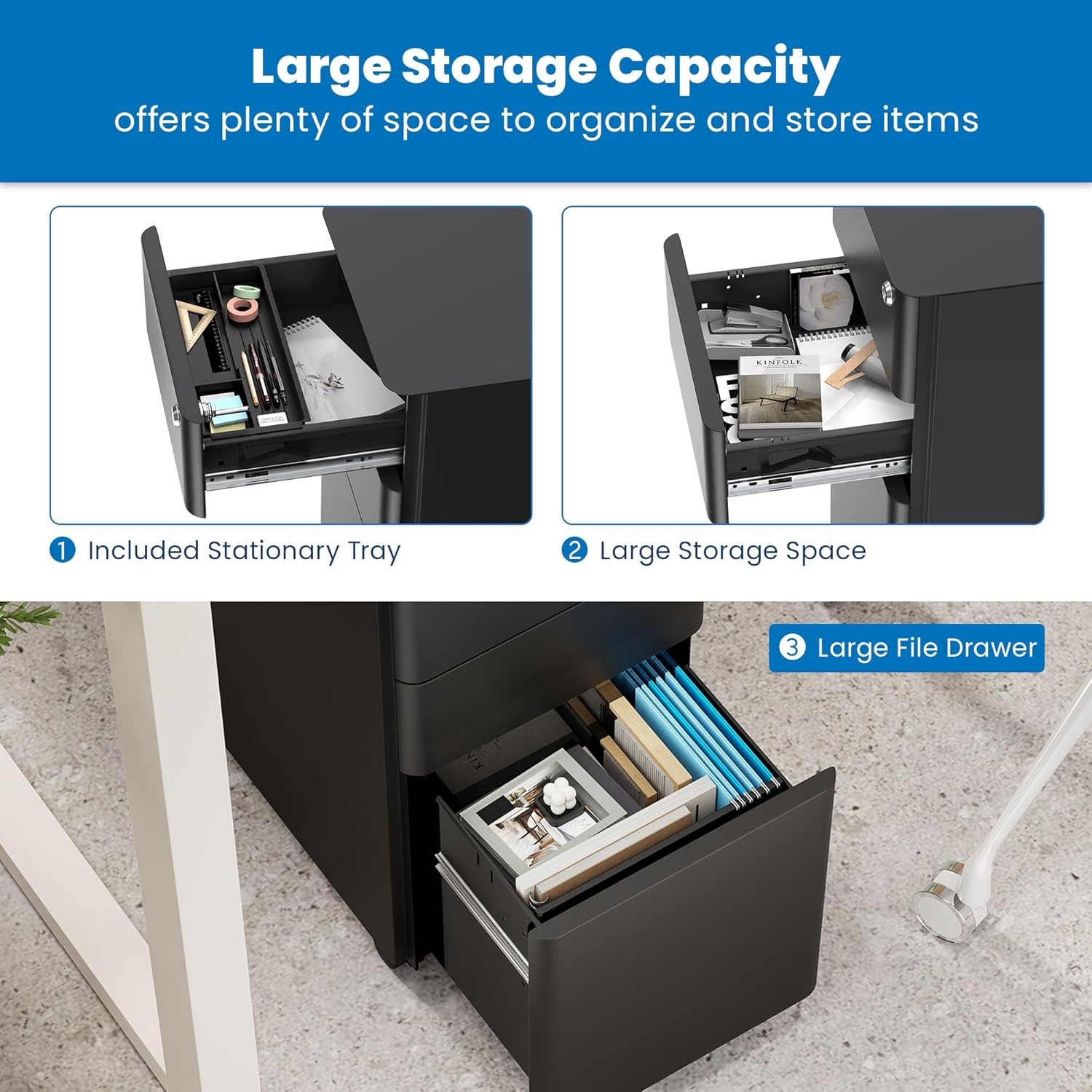 image:imageMountIt Slim 3 Drawer Rolling File Cabinet with Lock Mobile Metal Filing Cabinet on Wheels for Under Desk Home amp Office Storage Letter Legal A4 BlackBlack