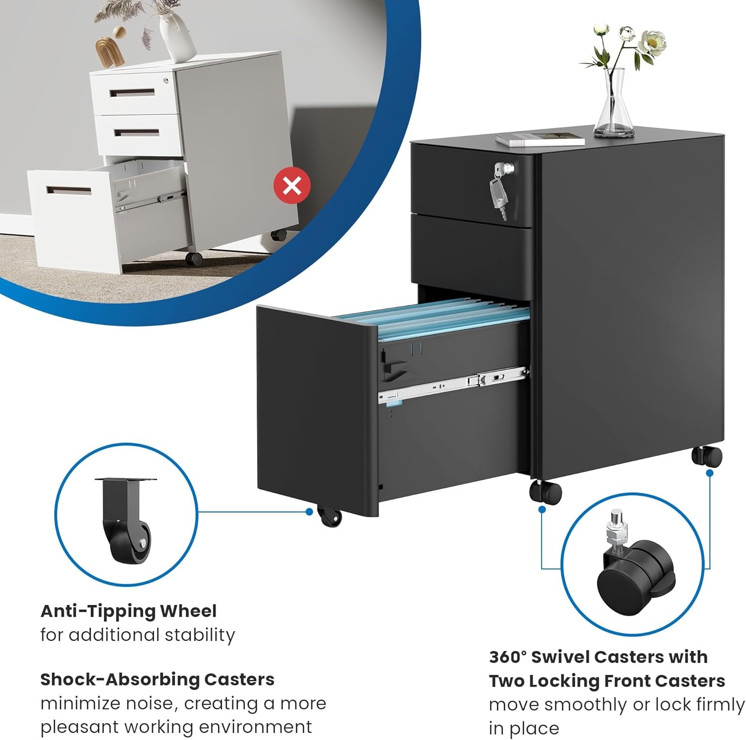 image:imageMountIt Slim 3 Drawer Rolling File Cabinet with Lock Mobile Metal Filing Cabinet on Wheels for Under Desk Home amp Office Storage Letter Legal A4 BlackBlack