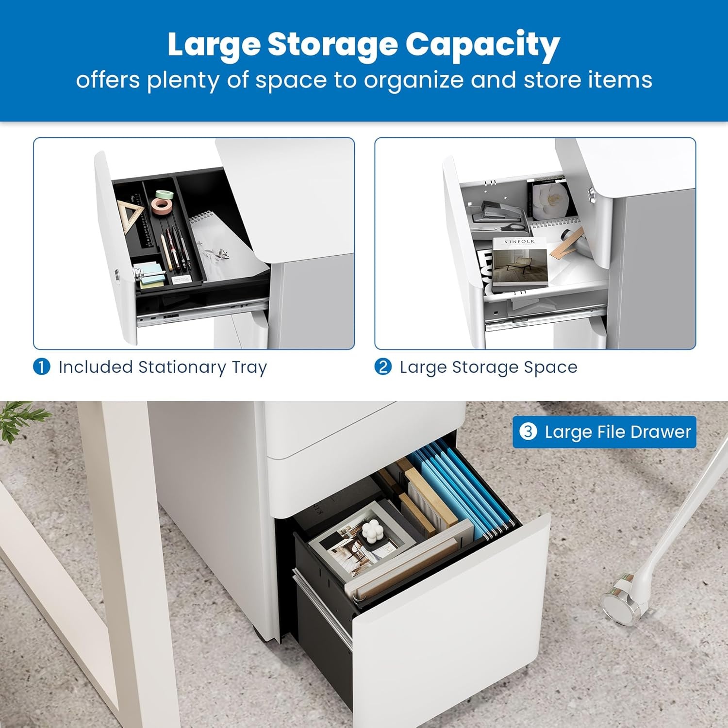 image:imageMountIt Slim 3 Drawer Rolling File Cabinet with Lock Mobile Metal Filing Cabinet on Wheels for Under Desk Home amp Office Storage Letter Legal A4 BlackWhite