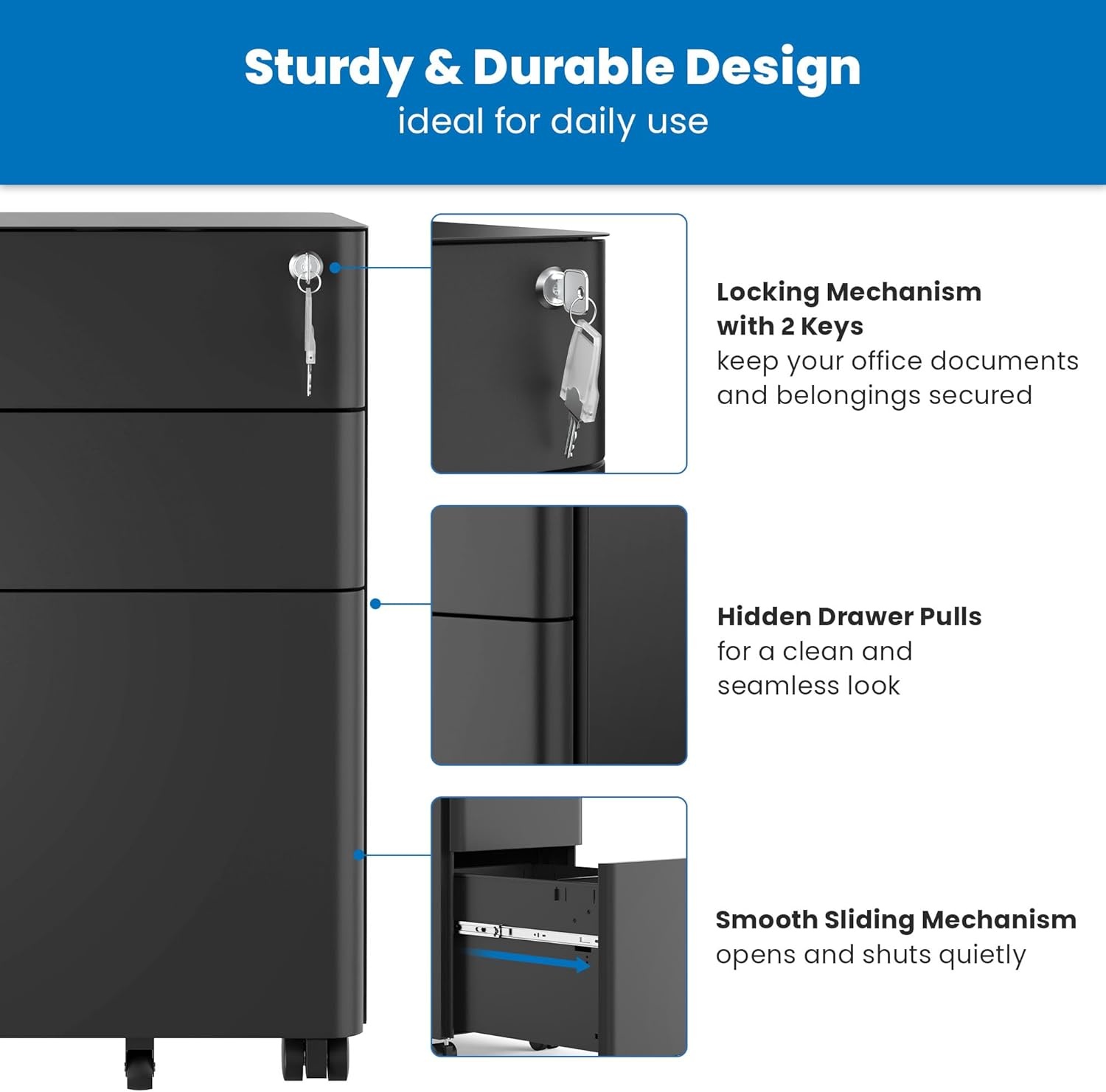 image:imageMountIt Slim 3 Drawer Rolling File Cabinet with Lock Mobile Metal Filing Cabinet on Wheels for Under Desk Home amp Office Storage Letter Legal A4 BlackBlack