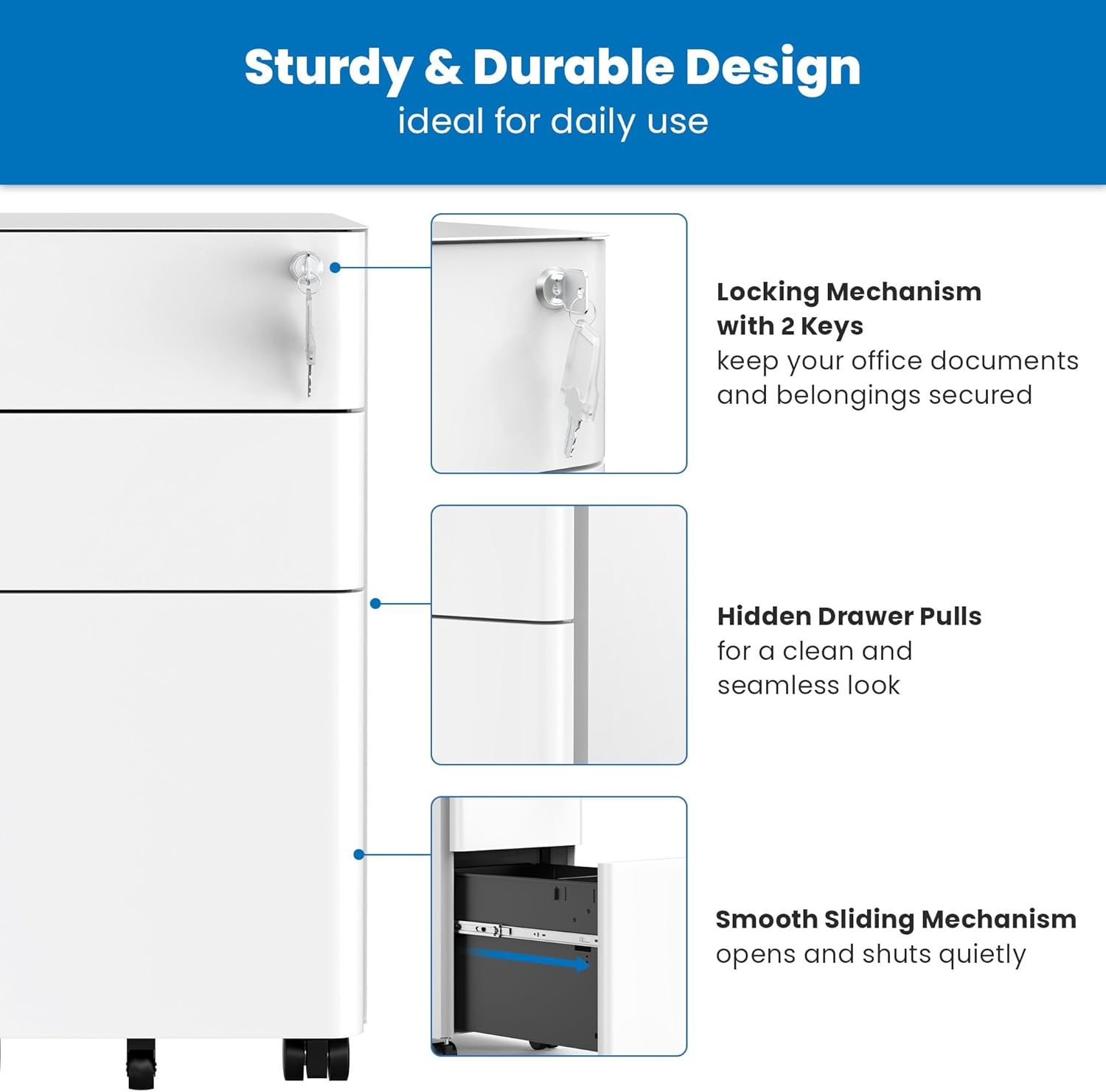 image:imageMountIt Slim 3 Drawer Rolling File Cabinet with Lock Mobile Metal Filing Cabinet on Wheels for Under Desk Home amp Office Storage Letter Legal A4 BlackWhite