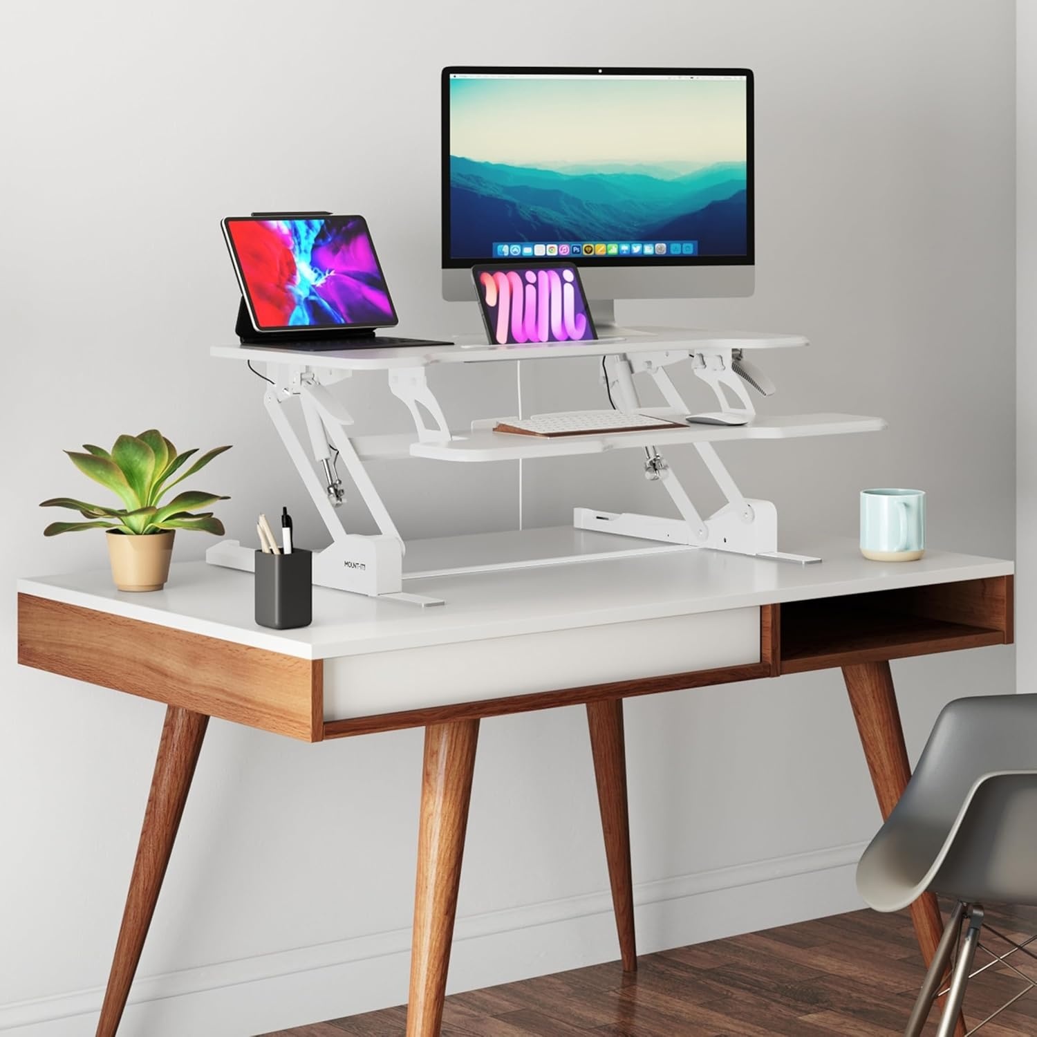 image:imageMountIt 38 Inch Standing Desk Converter Gas Spring Sit Stand Desk Riser for Dual Monitors Height Adjustable Desktop Workstation with Keyboard Tray BlackWhite