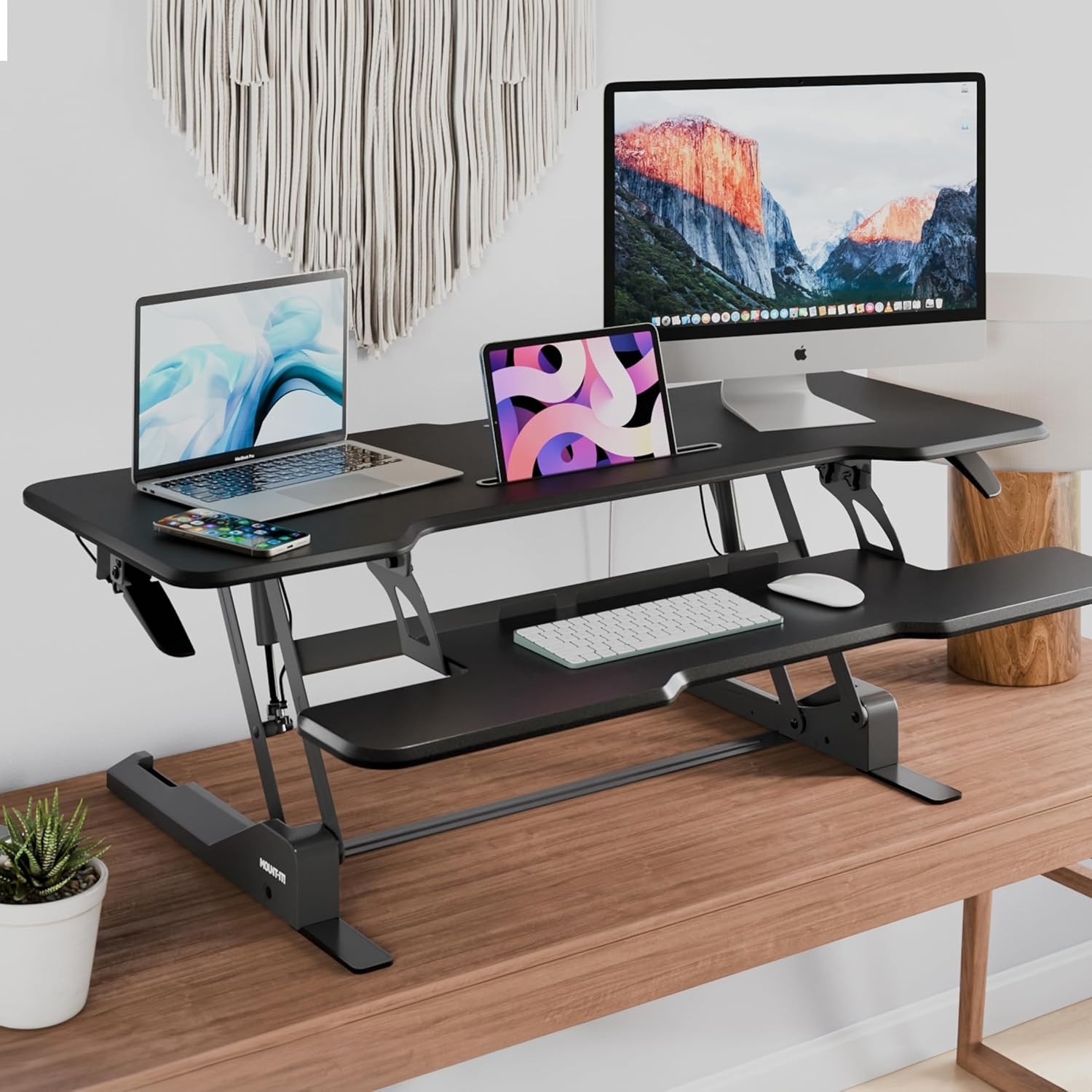 image:imageMountIt 38 Inch Standing Desk Converter Gas Spring Sit Stand Desk Riser for Dual Monitors Height Adjustable Desktop Workstation with Keyboard Tray BlackBlack