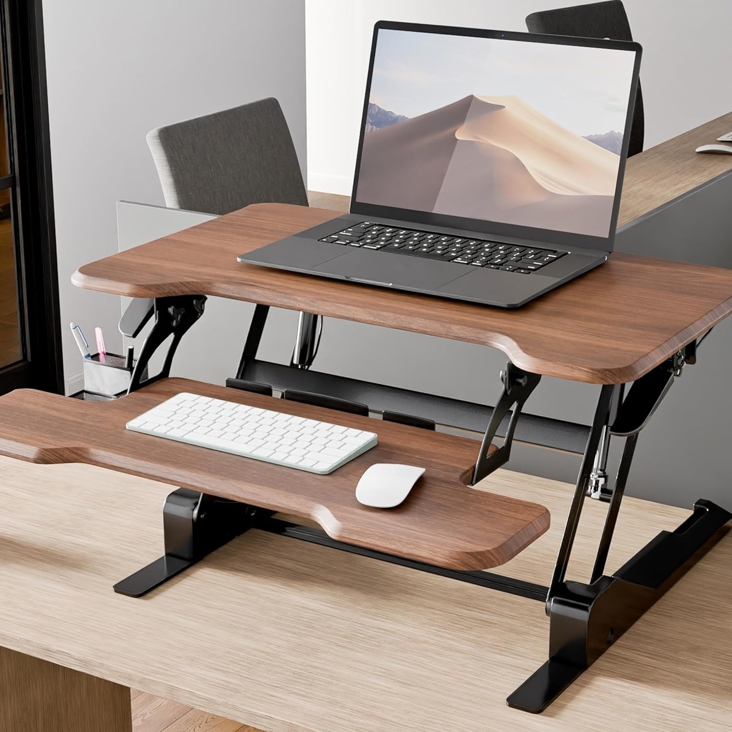 image:imageMountIt 38 Inch Standing Desk Converter Gas Spring Sit Stand Desk Riser for Dual Monitors Height Adjustable Desktop Workstation with Keyboard Tray BlackDark Walnut