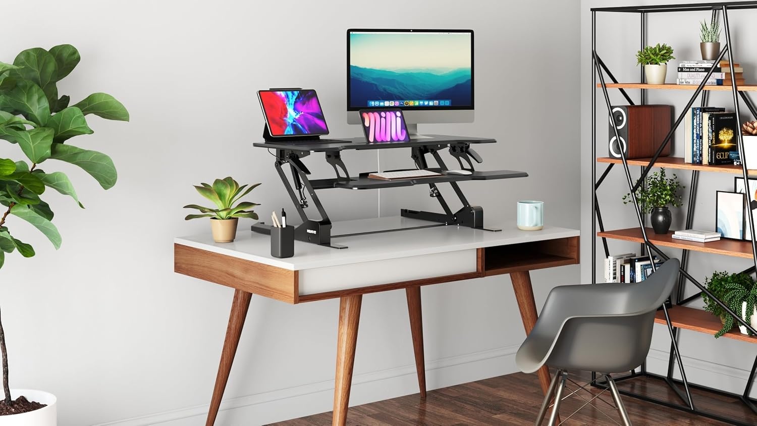 image:imageMountIt 38 Inch Standing Desk Converter Gas Spring Sit Stand Desk Riser for Dual Monitors Height Adjustable Desktop Workstation with Keyboard Tray BlackBlack