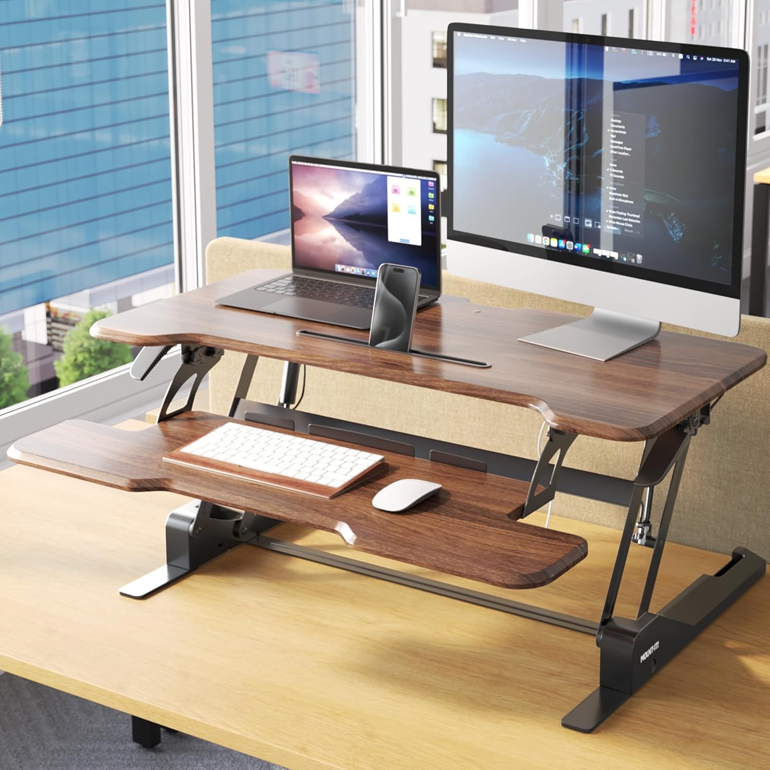 image:imageMountIt 38 Inch Standing Desk Converter Gas Spring Sit Stand Desk Riser for Dual Monitors Height Adjustable Desktop Workstation with Keyboard Tray BlackDark Walnut