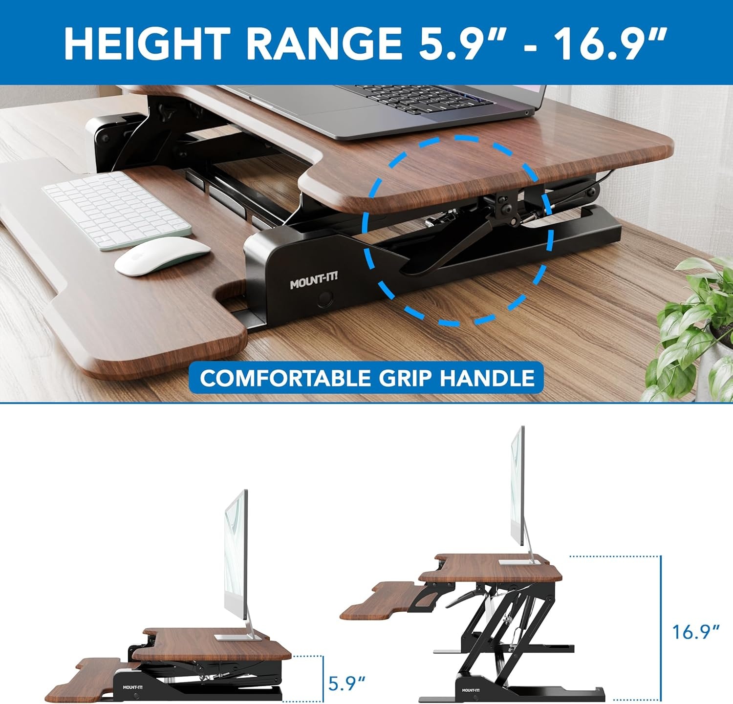 image:imageMountIt 38 Inch Standing Desk Converter Gas Spring Sit Stand Desk Riser for Dual Monitors Height Adjustable Desktop Workstation with Keyboard Tray BlackDark Walnut