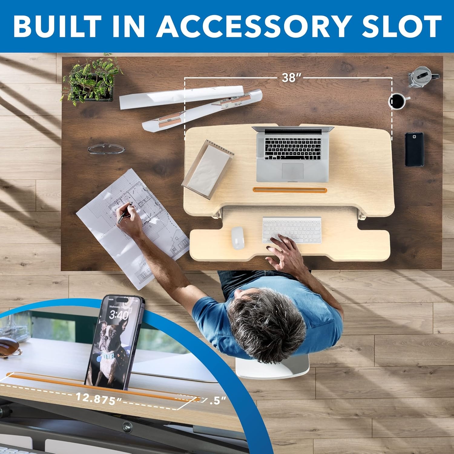 image:imageMountIt 38 Inch Standing Desk Converter Gas Spring Sit Stand Desk Riser for Dual Monitors Height Adjustable Desktop Workstation with Keyboard Tray BlackMaple