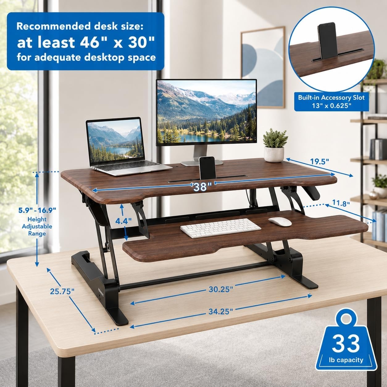 image:imageMountIt 38 Inch Standing Desk Converter Gas Spring Sit Stand Desk Riser for Dual Monitors Height Adjustable Desktop Workstation with Keyboard Tray BlackDark Walnut