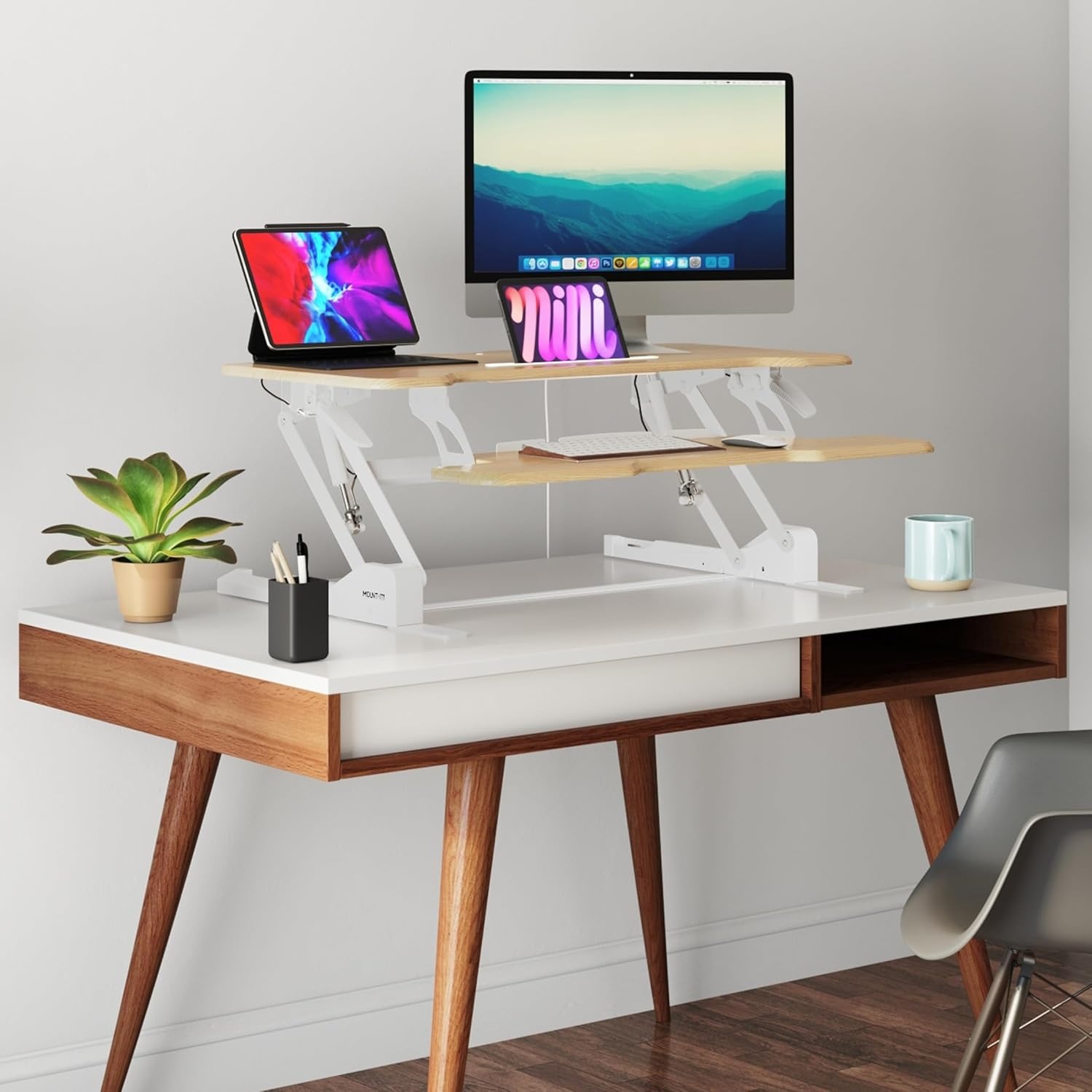 image:imageMountIt 38 Inch Standing Desk Converter Gas Spring Sit Stand Desk Riser for Dual Monitors Height Adjustable Desktop Workstation with Keyboard Tray BlackMaple