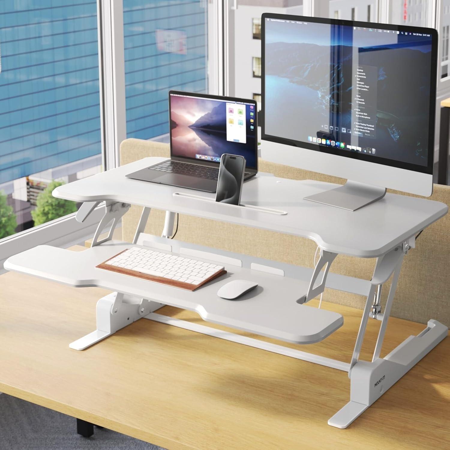 image:imageMountIt 38 Inch Standing Desk Converter Gas Spring Sit Stand Desk Riser for Dual Monitors Height Adjustable Desktop Workstation with Keyboard Tray BlackWhite