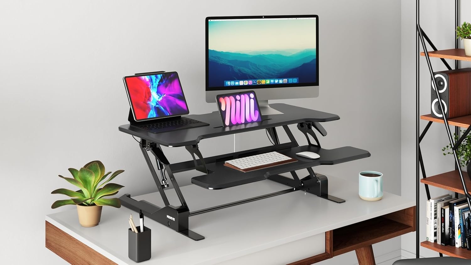 image:imageMountIt 38 Inch Standing Desk Converter Gas Spring Sit Stand Desk Riser for Dual Monitors Height Adjustable Desktop Workstation with Keyboard Tray BlackBlack