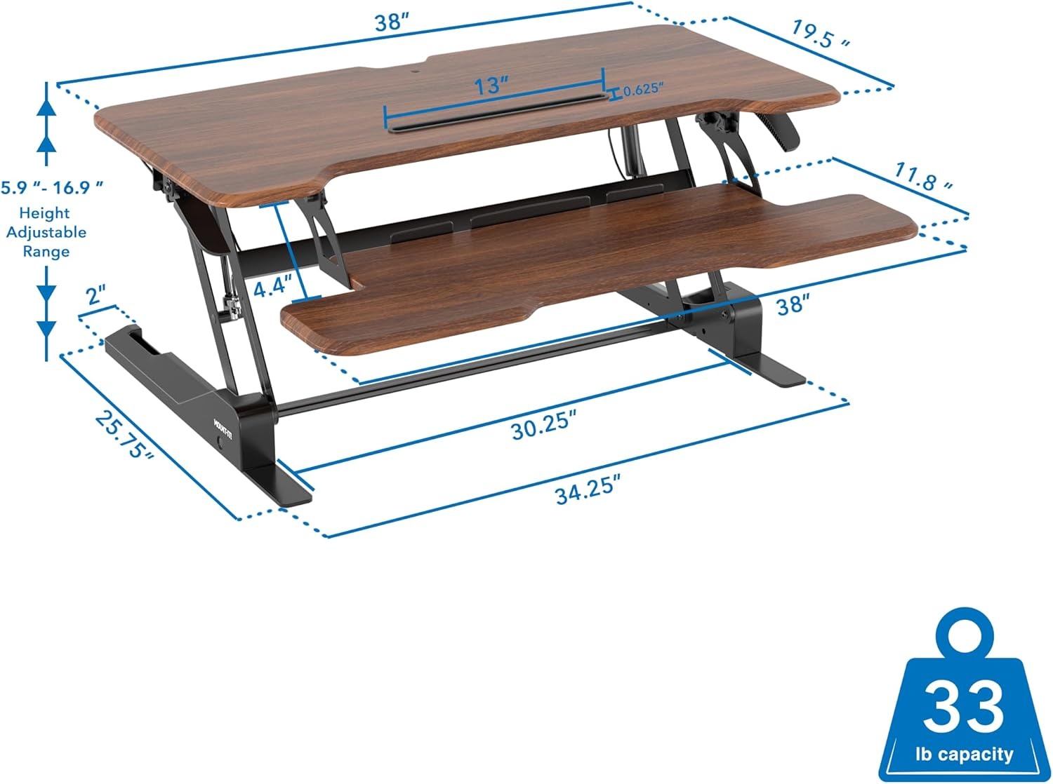 image:imageMountIt 38 Inch Standing Desk Converter Gas Spring Sit Stand Desk Riser for Dual Monitors Height Adjustable Desktop Workstation with Keyboard Tray BlackDark Walnut