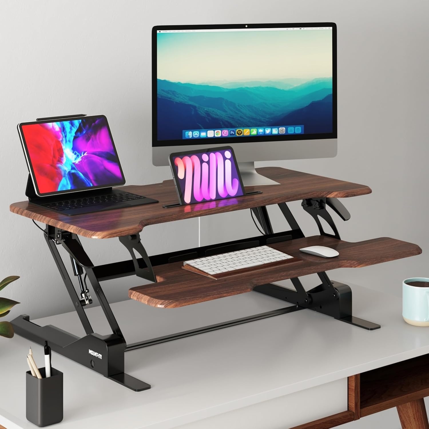 image:imageMountIt 38 Inch Standing Desk Converter Gas Spring Sit Stand Desk Riser for Dual Monitors Height Adjustable Desktop Workstation with Keyboard Tray BlackDark Walnut