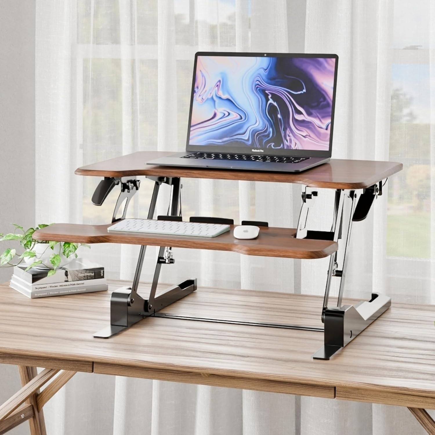 image:imageMountIt 38 Inch Standing Desk Converter Gas Spring Sit Stand Desk Riser for Dual Monitors Height Adjustable Desktop Workstation with Keyboard Tray BlackDark Walnut