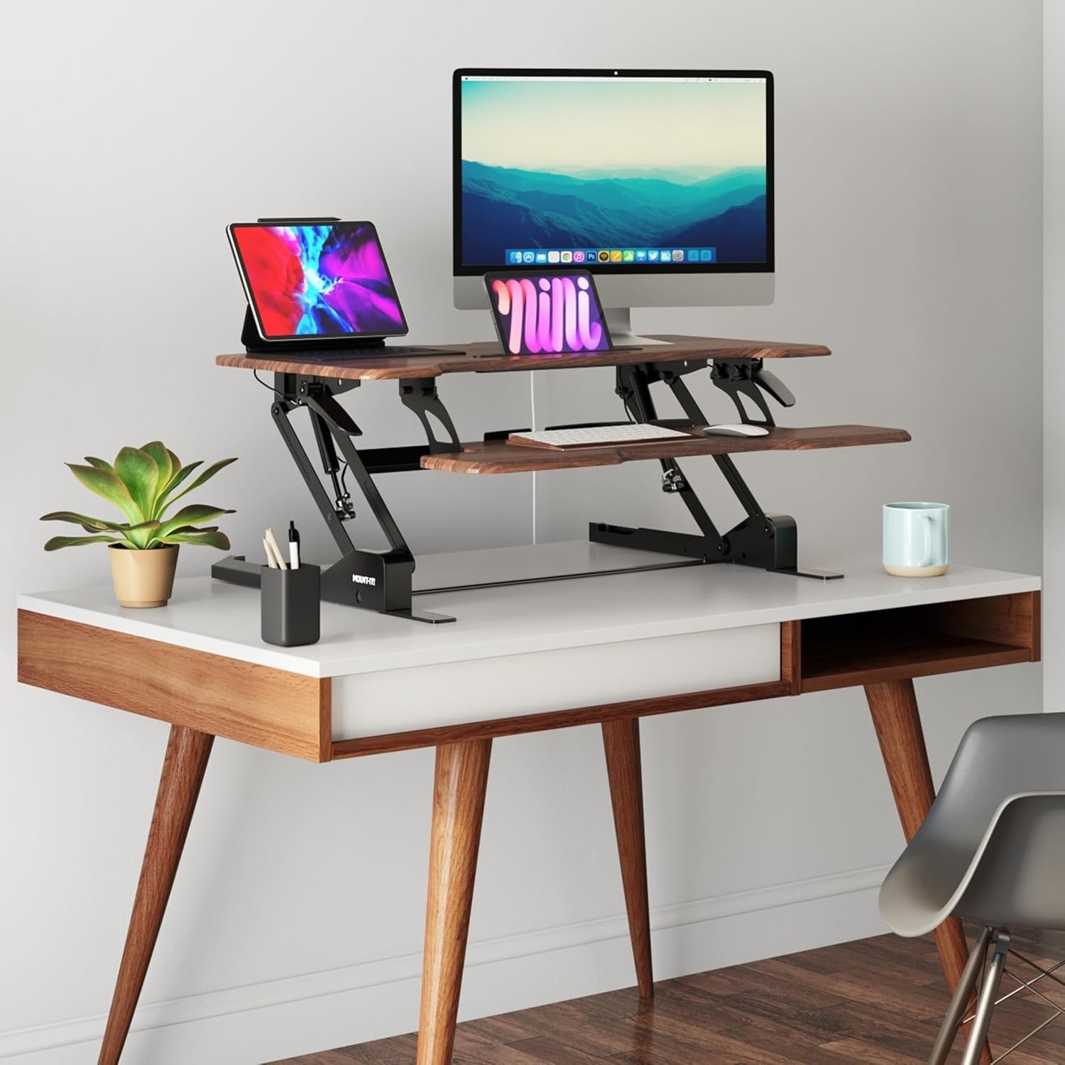 image:imageMountIt 38 Inch Standing Desk Converter Gas Spring Sit Stand Desk Riser for Dual Monitors Height Adjustable Desktop Workstation with Keyboard Tray BlackDark Walnut