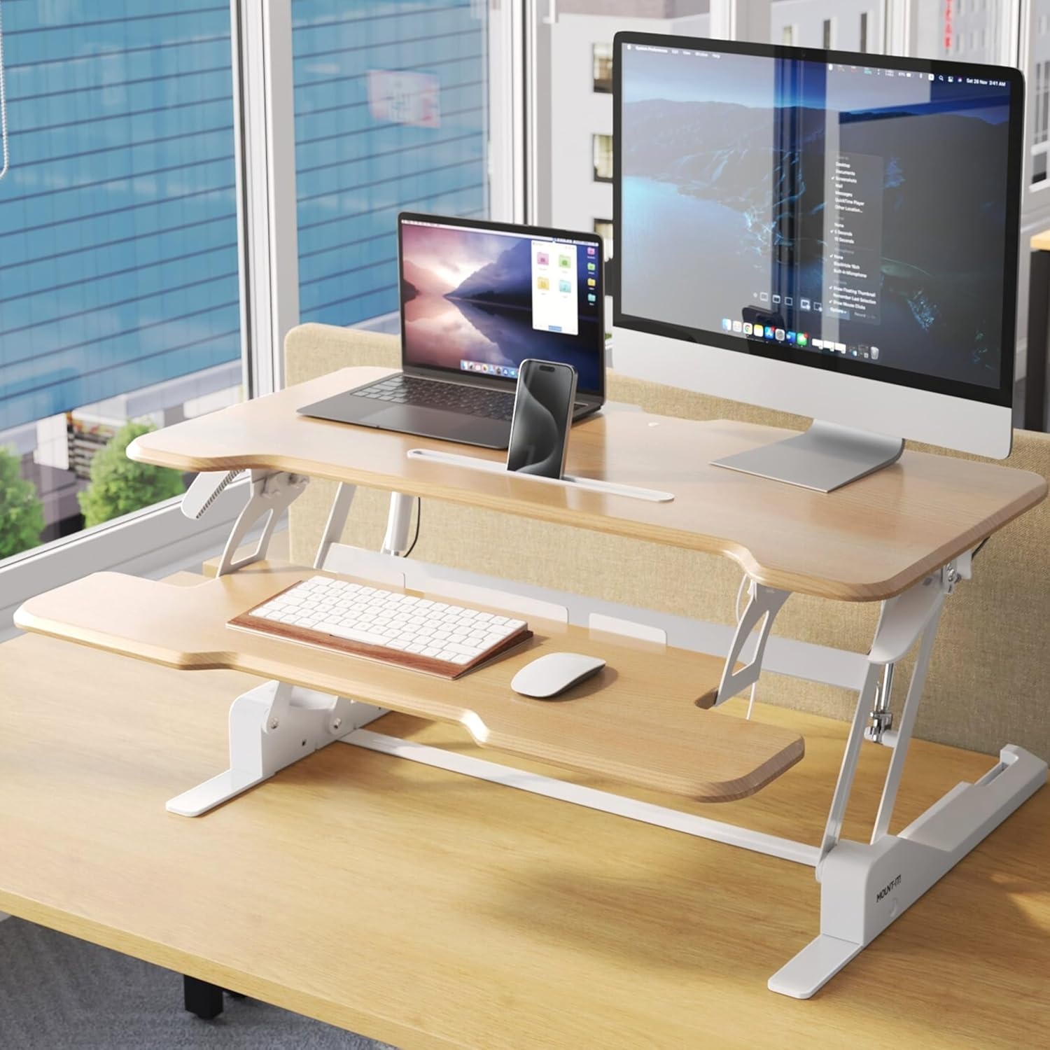 image:imageMountIt 38 Inch Standing Desk Converter Gas Spring Sit Stand Desk Riser for Dual Monitors Height Adjustable Desktop Workstation with Keyboard Tray BlackMaple