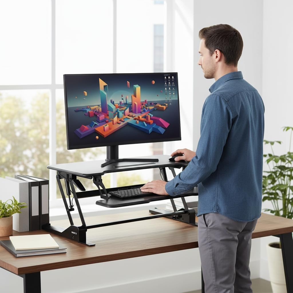 image:imageMountIt 38 Inch Standing Desk Converter Gas Spring Sit Stand Desk Riser for Dual Monitors Height Adjustable Desktop Workstation with Keyboard Tray BlackBlack