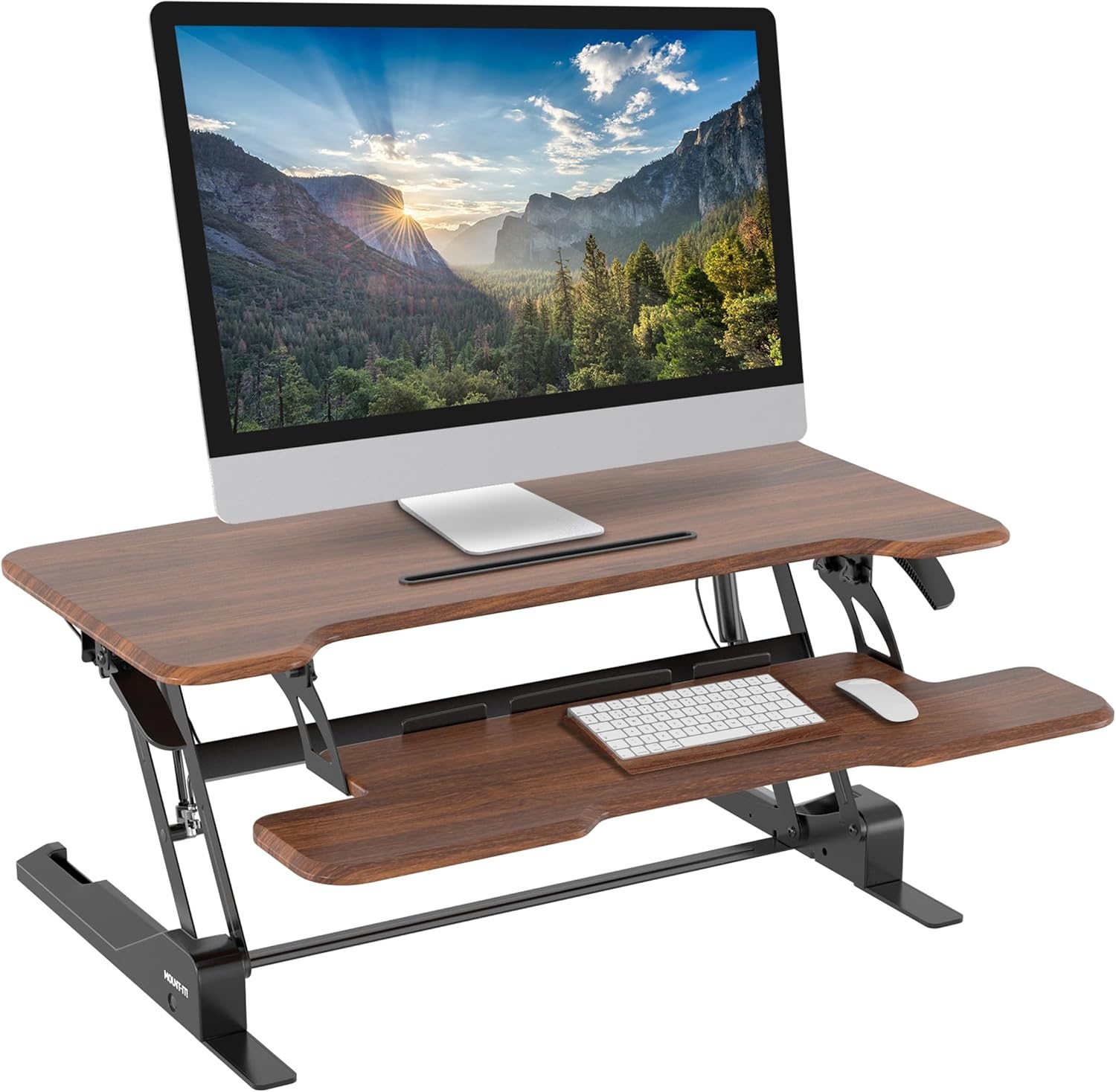 image:imageMountIt 38 Inch Standing Desk Converter Gas Spring Sit Stand Desk Riser for Dual Monitors Height Adjustable Desktop Workstation with Keyboard Tray BlackDark Walnut