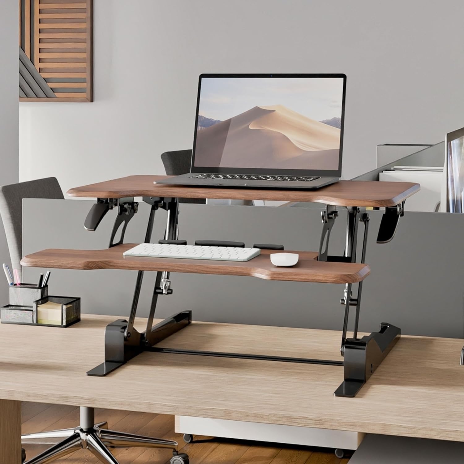 image:imageMountIt 38 Inch Standing Desk Converter Gas Spring Sit Stand Desk Riser for Dual Monitors Height Adjustable Desktop Workstation with Keyboard Tray BlackDark Walnut