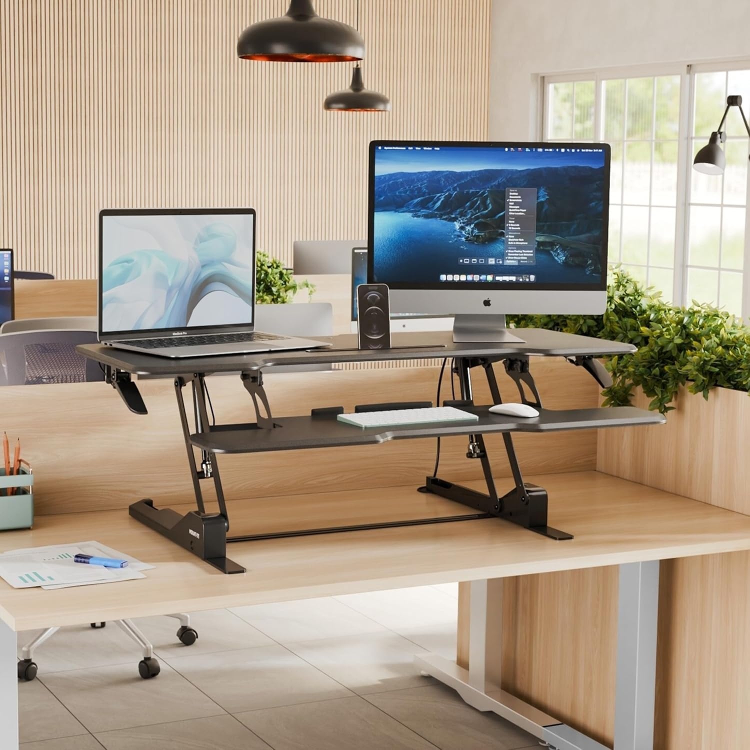 image:imageMountIt 38 Inch Standing Desk Converter Gas Spring Sit Stand Desk Riser for Dual Monitors Height Adjustable Desktop Workstation with Keyboard Tray BlackBlack