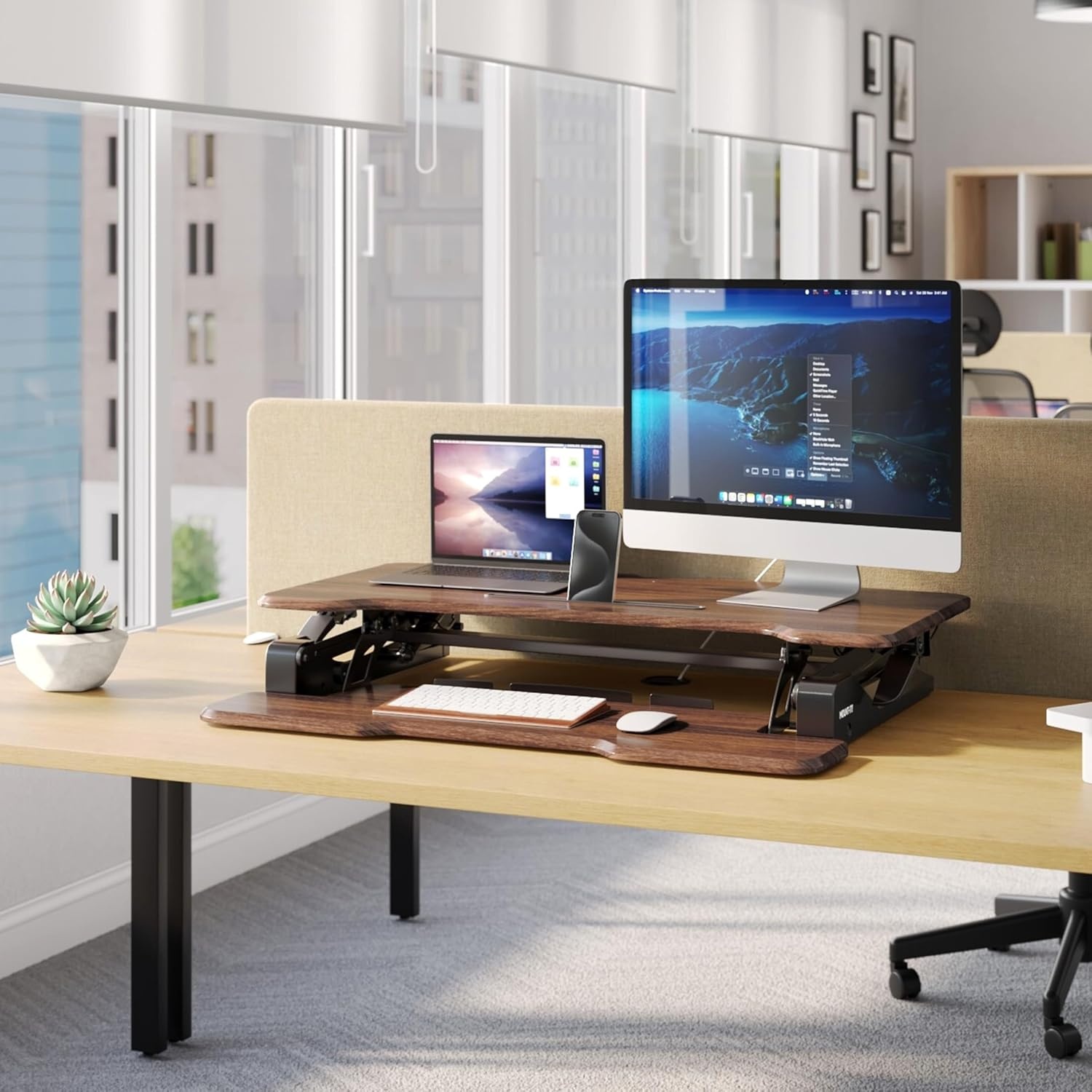 image:imageMountIt 38 Inch Standing Desk Converter Gas Spring Sit Stand Desk Riser for Dual Monitors Height Adjustable Desktop Workstation with Keyboard Tray BlackDark Walnut
