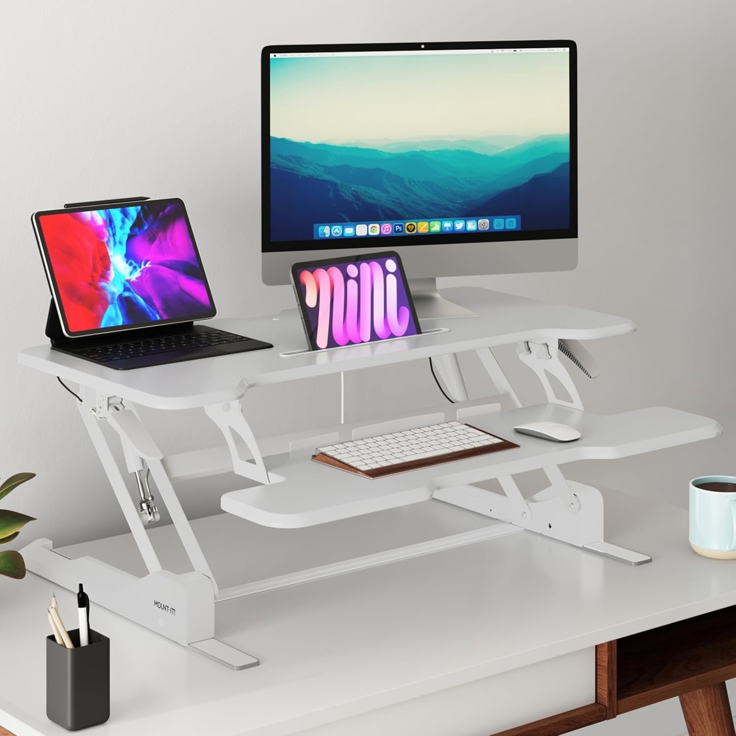 image:imageMountIt 38 Inch Standing Desk Converter Gas Spring Sit Stand Desk Riser for Dual Monitors Height Adjustable Desktop Workstation with Keyboard Tray BlackWhite